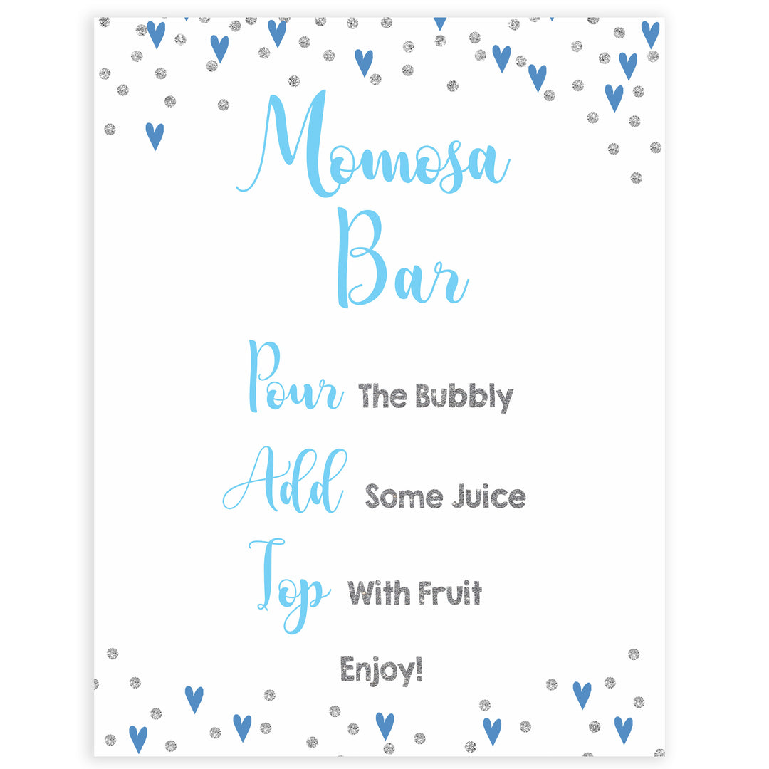 momosa baby table sign, momosa baby sign, Blue hearts baby decor, printable baby table signs, printable baby decor, silver glitter table signs, fun baby signs, blue hearts fun baby table signs
