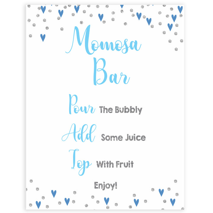 momosa baby table sign, momosa baby sign, Blue hearts baby decor, printable baby table signs, printable baby decor, silver glitter table signs, fun baby signs, blue hearts fun baby table signs