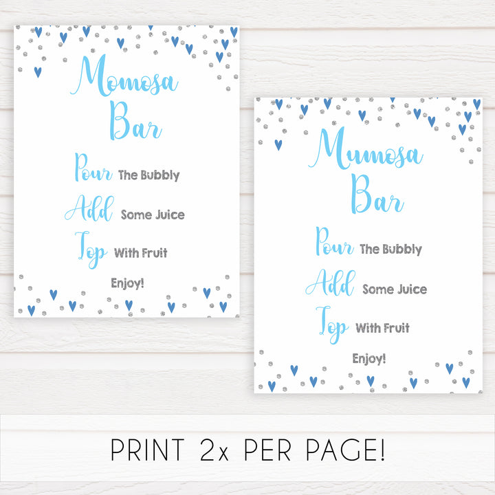 momosa baby table sign, momosa baby sign, Blue hearts baby decor, printable baby table signs, printable baby decor, silver glitter table signs, fun baby signs, blue hearts fun baby table signs