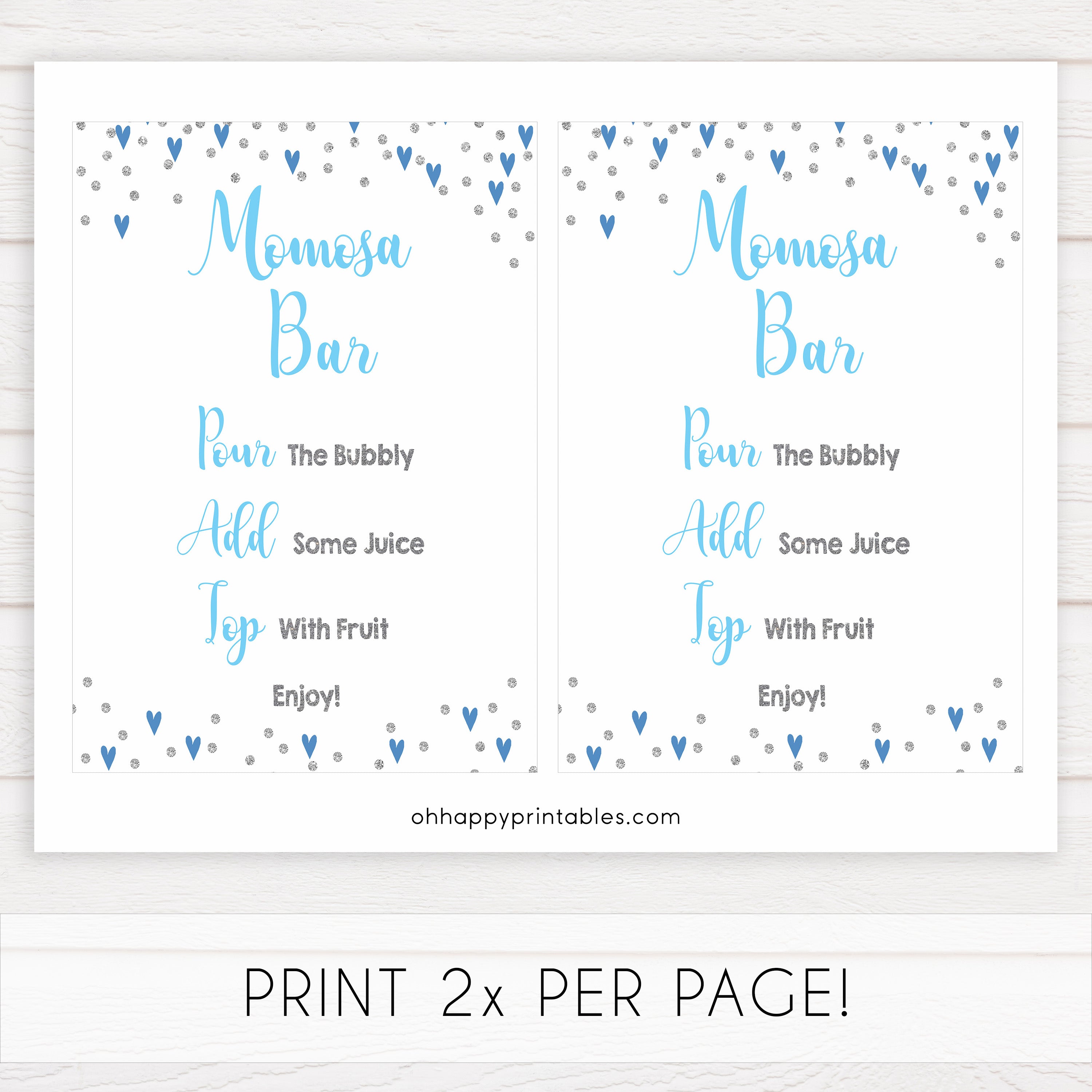 momosa baby table sign, momosa baby sign, Blue hearts baby decor, printable baby table signs, printable baby decor, silver glitter table signs, fun baby signs, blue hearts fun baby table signs