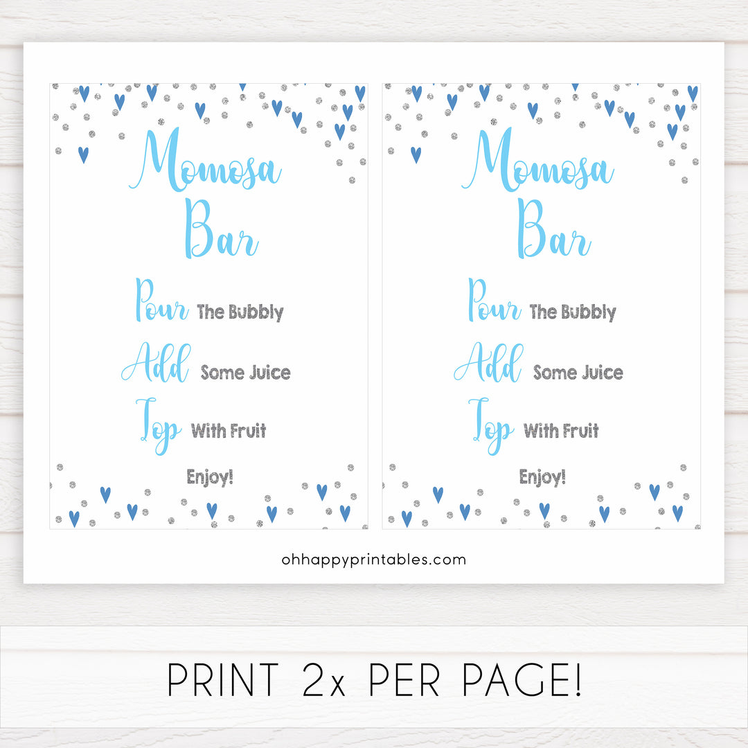 momosa baby table sign, momosa baby sign, Blue hearts baby decor, printable baby table signs, printable baby decor, silver glitter table signs, fun baby signs, blue hearts fun baby table signs