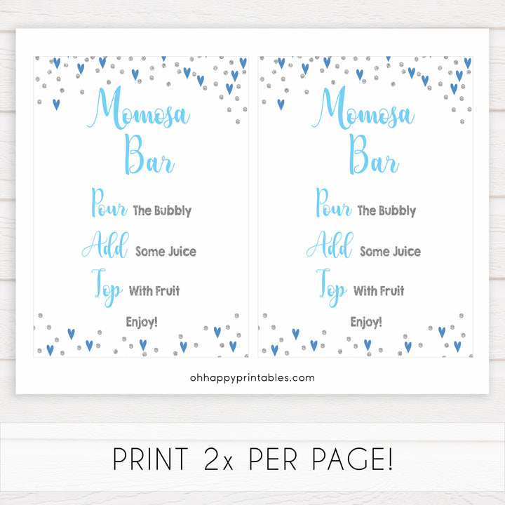 momosa baby table sign, momosa baby sign, Blue hearts baby decor, printable baby table signs, printable baby decor, silver glitter table signs, fun baby signs, blue hearts fun baby table signs