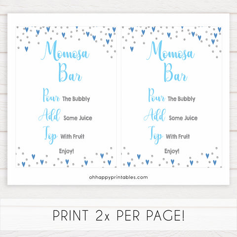 momosa baby table sign, momosa baby sign, Blue hearts baby decor, printable baby table signs, printable baby decor, silver glitter table signs, fun baby signs, blue hearts fun baby table signs