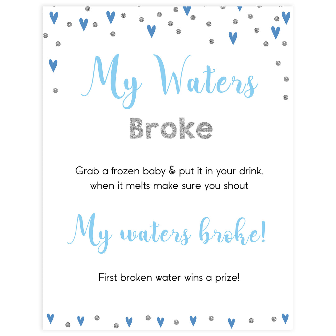 my water broke game, don't say baby game, Printable baby shower games, small blue hearts fun baby games, baby shower games, fun baby shower ideas, top baby shower ideas, silver baby shower, blue hearts baby shower ideas