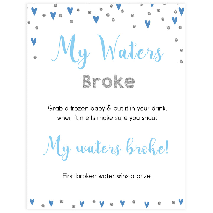my water broke game, don't say baby game, Printable baby shower games, small blue hearts fun baby games, baby shower games, fun baby shower ideas, top baby shower ideas, silver baby shower, blue hearts baby shower ideas
