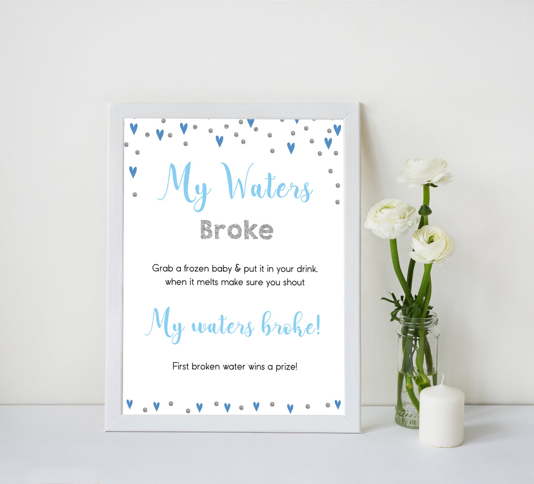 my water broke game, don't say baby game, Printable baby shower games, small blue hearts fun baby games, baby shower games, fun baby shower ideas, top baby shower ideas, silver baby shower, blue hearts baby shower ideas