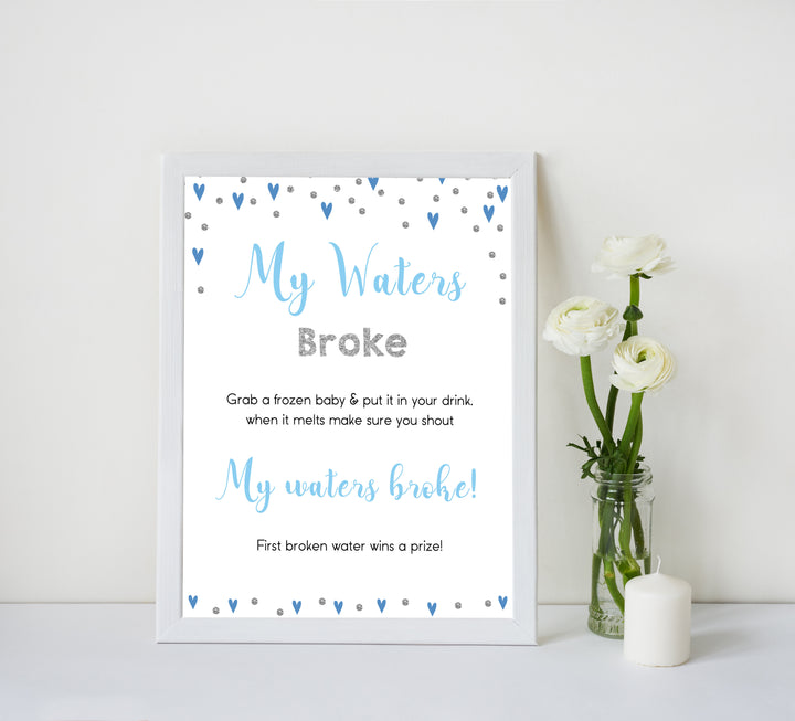 my water broke game, don't say baby game, Printable baby shower games, small blue hearts fun baby games, baby shower games, fun baby shower ideas, top baby shower ideas, silver baby shower, blue hearts baby shower ideas
