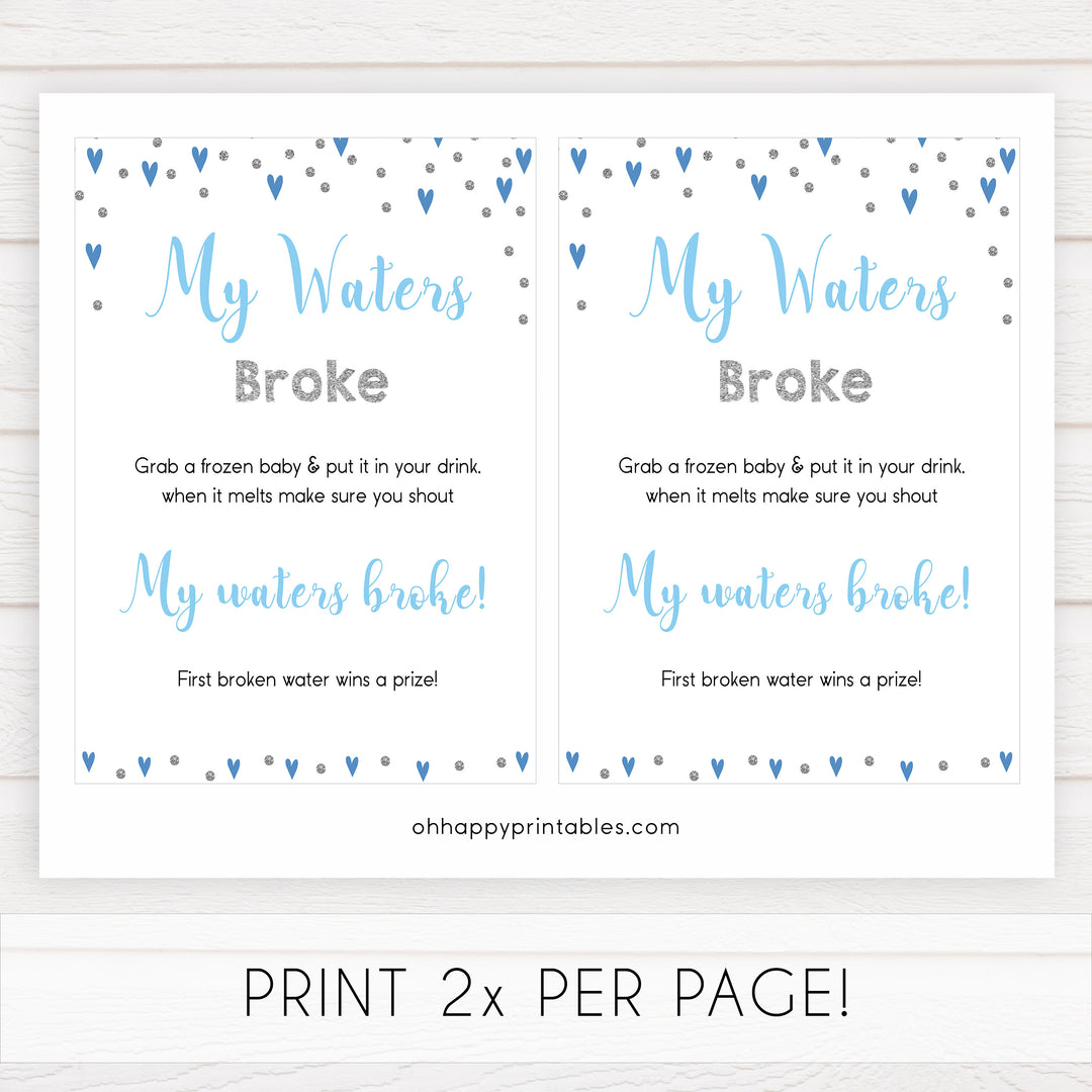 my water broke game, don't say baby game, Printable baby shower games, small blue hearts fun baby games, baby shower games, fun baby shower ideas, top baby shower ideas, silver baby shower, blue hearts baby shower ideas