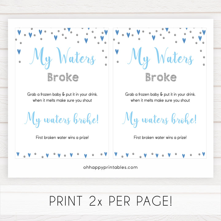 my water broke game, don't say baby game, Printable baby shower games, small blue hearts fun baby games, baby shower games, fun baby shower ideas, top baby shower ideas, silver baby shower, blue hearts baby shower ideas