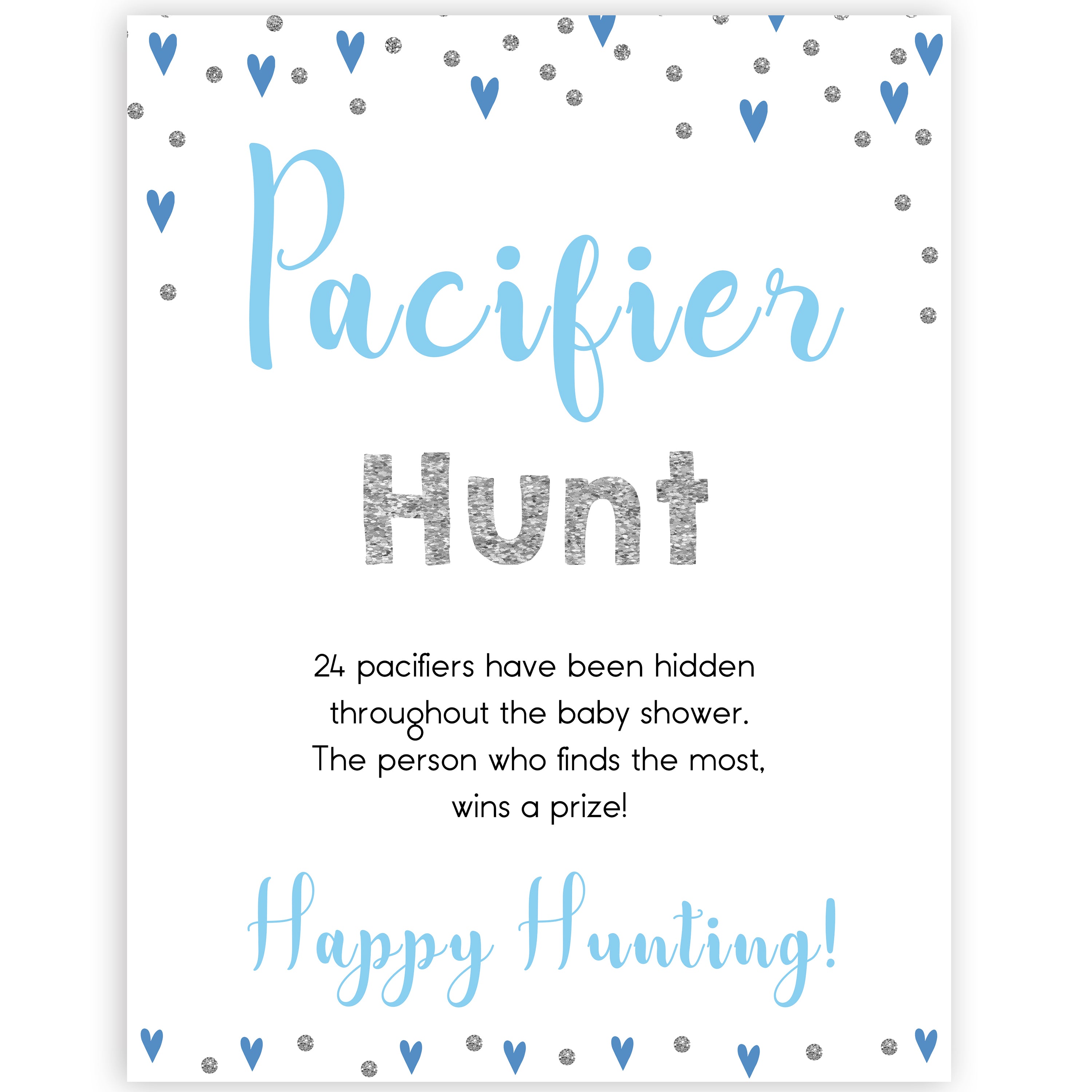 pacifier hunt game, Printable baby shower games, small blue hearts fun baby games, baby shower games, fun baby shower ideas, top baby shower ideas, silver baby shower, blue hearts baby shower ideas