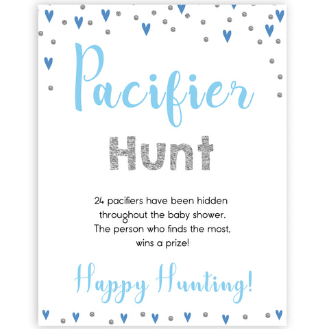 pacifier hunt game, Printable baby shower games, small blue hearts fun baby games, baby shower games, fun baby shower ideas, top baby shower ideas, silver baby shower, blue hearts baby shower ideas