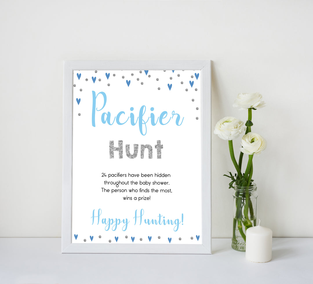 pacifier hunt game, Printable baby shower games, small blue hearts fun baby games, baby shower games, fun baby shower ideas, top baby shower ideas, silver baby shower, blue hearts baby shower ideas
