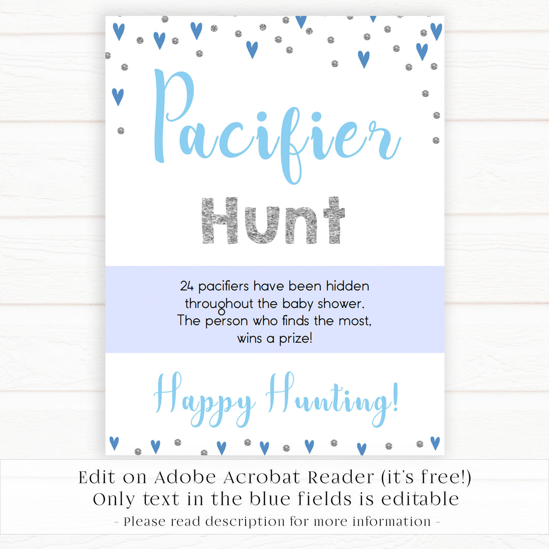 pacifier hunt game, Printable baby shower games, small blue hearts fun baby games, baby shower games, fun baby shower ideas, top baby shower ideas, silver baby shower, blue hearts baby shower ideas