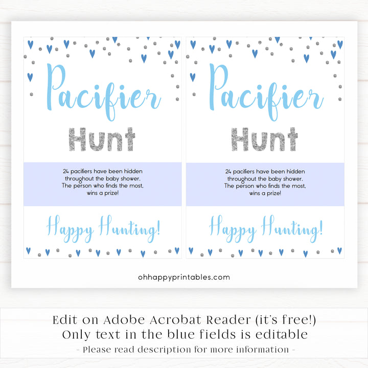 pacifier hunt game, Printable baby shower games, small blue hearts fun baby games, baby shower games, fun baby shower ideas, top baby shower ideas, silver baby shower, blue hearts baby shower ideas