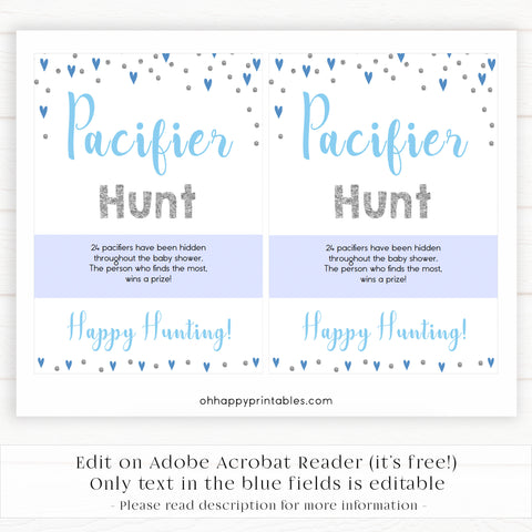 pacifier hunt game, Printable baby shower games, small blue hearts fun baby games, baby shower games, fun baby shower ideas, top baby shower ideas, silver baby shower, blue hearts baby shower ideas