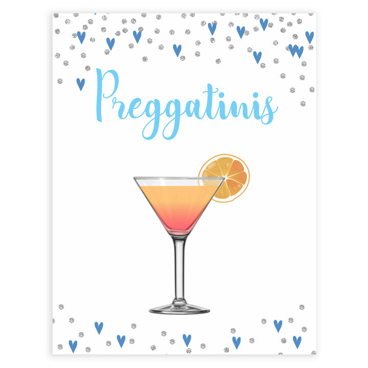 preggatini baby table signs, preggatini baby sign, Blue hearts baby decor, printable baby table signs, printable baby decor, silver glitter table signs, fun baby signs, blue hearts fun baby table signs