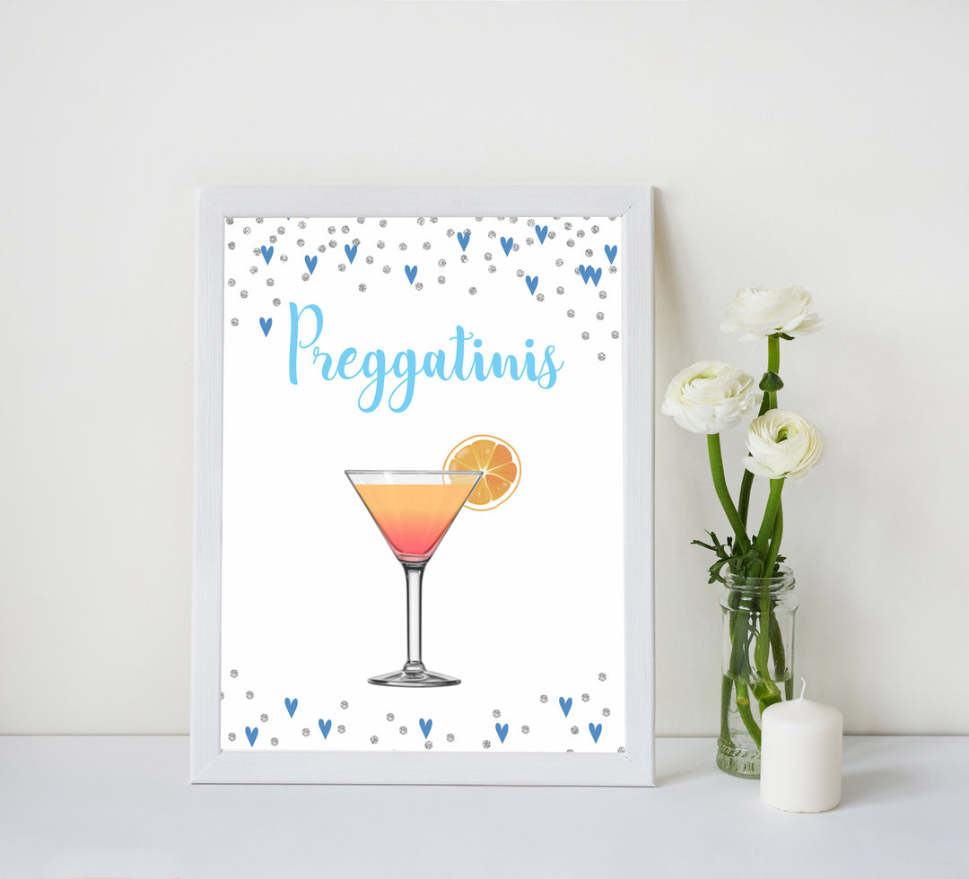 preggatini baby table signs, preggatini baby sign, Blue hearts baby decor, printable baby table signs, printable baby decor, silver glitter table signs, fun baby signs, blue hearts fun baby table signs