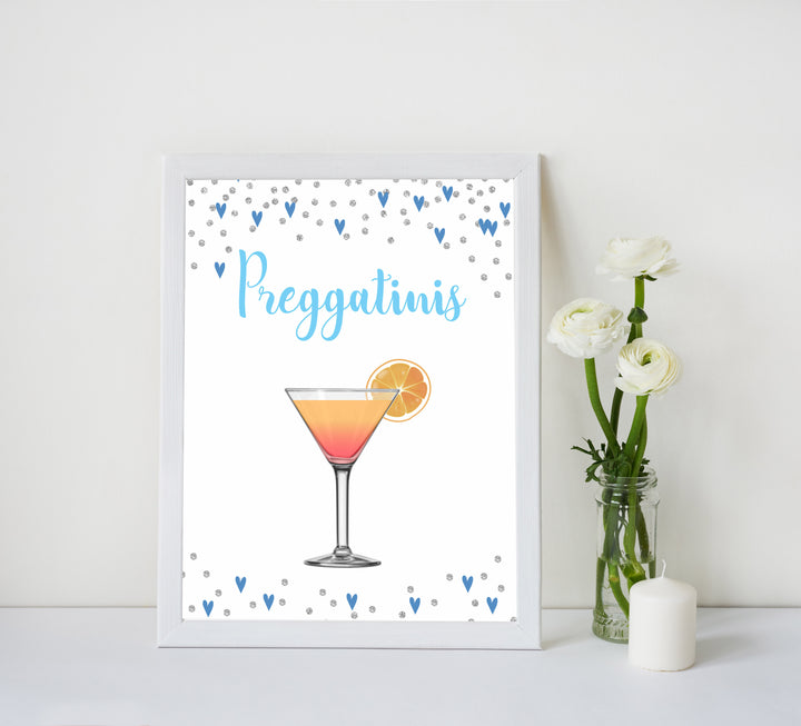 preggatini baby table signs, preggatini baby sign, Blue hearts baby decor, printable baby table signs, printable baby decor, silver glitter table signs, fun baby signs, blue hearts fun baby table signs
