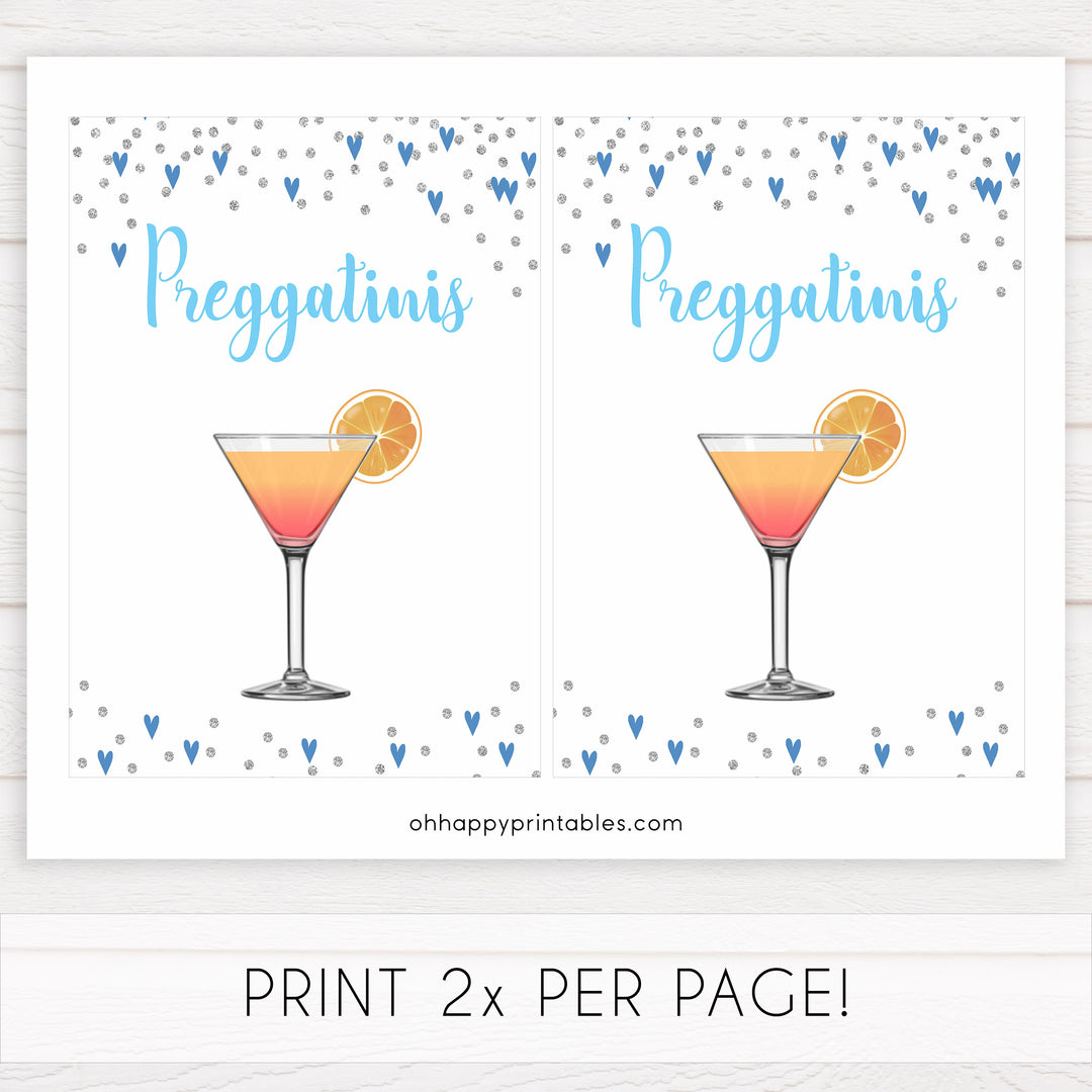 preggatini baby table signs, preggatini baby sign, Blue hearts baby decor, printable baby table signs, printable baby decor, silver glitter table signs, fun baby signs, blue hearts fun baby table signs