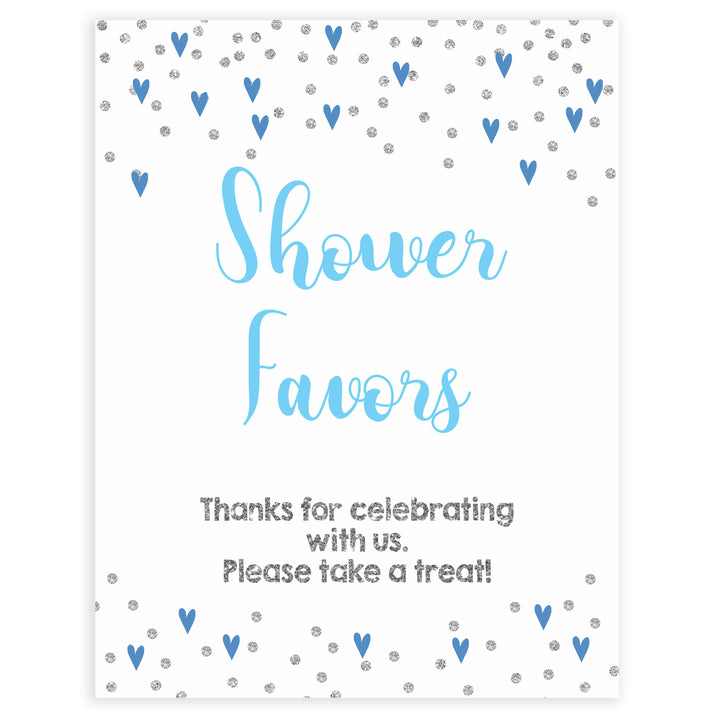 Favors baby shower signs, favors baby table signs, Blue hearts baby decor, printable baby table signs, printable baby decor, silver glitter table signs, fun baby signs, blue hearts fun baby table signs