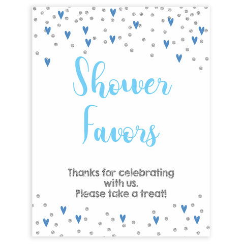 Favors baby shower signs, favors baby table signs, Blue hearts baby decor, printable baby table signs, printable baby decor, silver glitter table signs, fun baby signs, blue hearts fun baby table signs