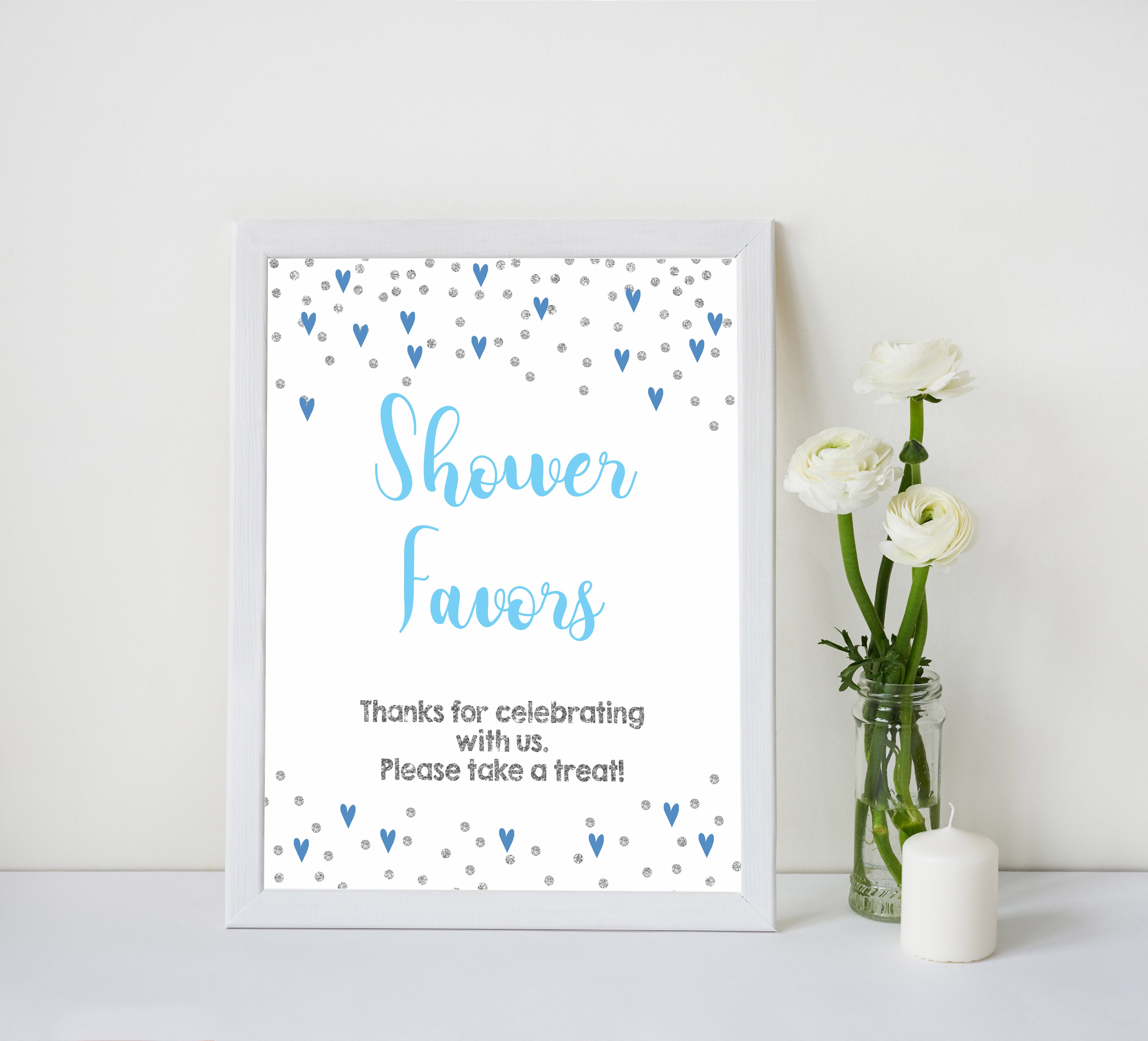 Favors baby shower signs, favors baby table signs, Blue hearts baby decor, printable baby table signs, printable baby decor, silver glitter table signs, fun baby signs, blue hearts fun baby table signs