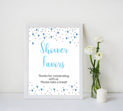 Favors baby shower signs, favors baby table signs, Blue hearts baby decor, printable baby table signs, printable baby decor, silver glitter table signs, fun baby signs, blue hearts fun baby table signs