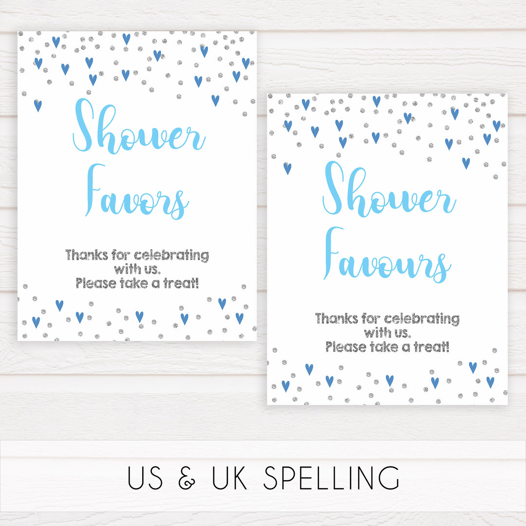 8 baby shower table signs, 8 baby table signs, Blue hearts baby decor, printable baby table signs, printable baby decor, silver glitter table signs, fun baby signs, blue hearts fun baby table signs