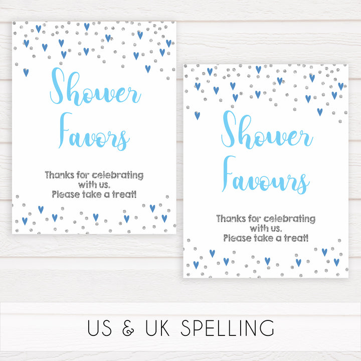 8 baby shower table signs, 8 baby table signs, Blue hearts baby decor, printable baby table signs, printable baby decor, silver glitter table signs, fun baby signs, blue hearts fun baby table signs