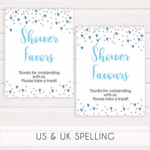 Favors baby shower signs, favors baby table signs, Blue hearts baby decor, printable baby table signs, printable baby decor, silver glitter table signs, fun baby signs, blue hearts fun baby table signs