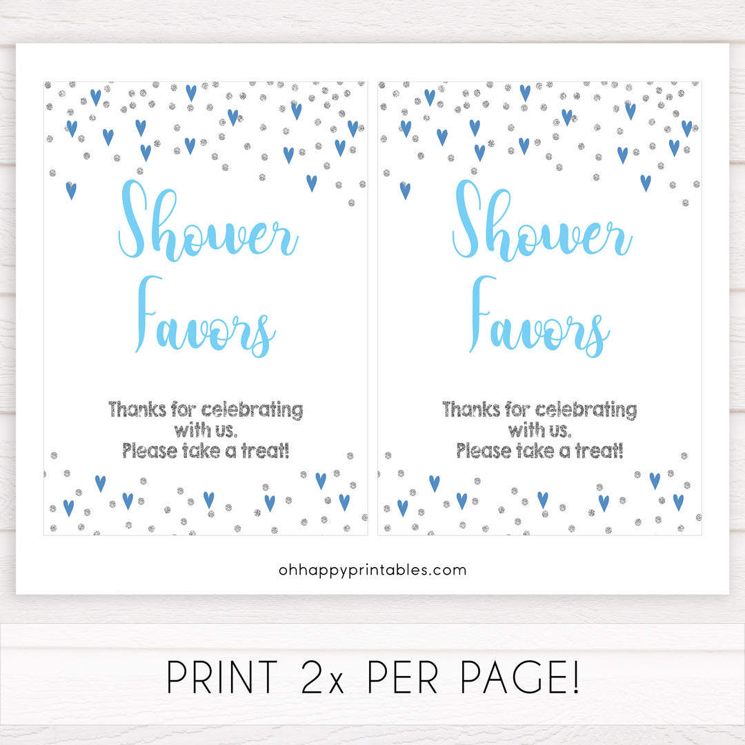Favors baby shower signs, favors baby table signs, Blue hearts baby decor, printable baby table signs, printable baby decor, silver glitter table signs, fun baby signs, blue hearts fun baby table signs