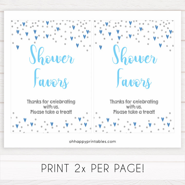 Favors baby shower signs, favors baby table signs, Blue hearts baby decor, printable baby table signs, printable baby decor, silver glitter table signs, fun baby signs, blue hearts fun baby table signs