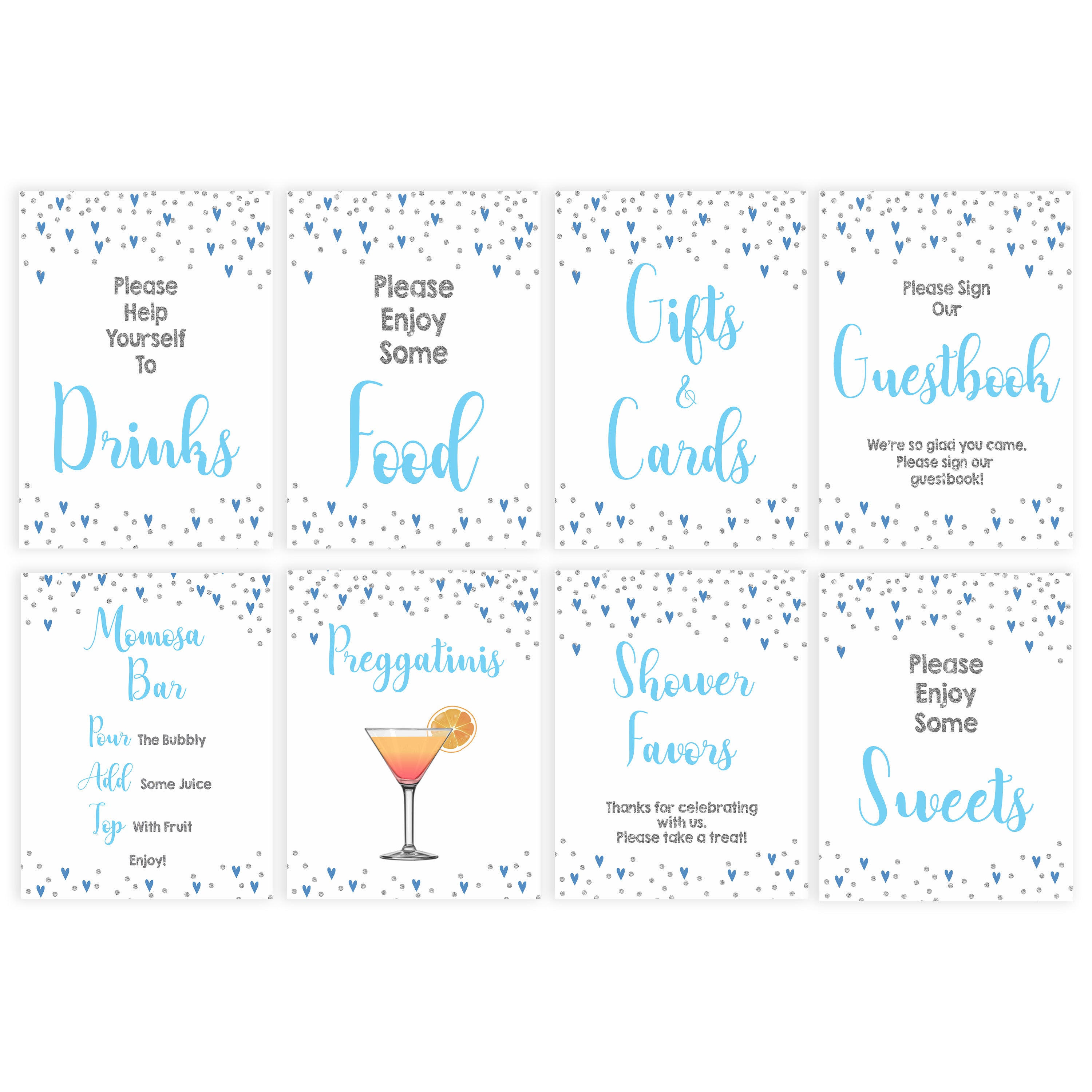 8 baby shower table signs, 8 baby table signs, Blue hearts baby decor, printable baby table signs, printable baby decor, silver glitter table signs, fun baby signs, blue hearts fun baby table signs