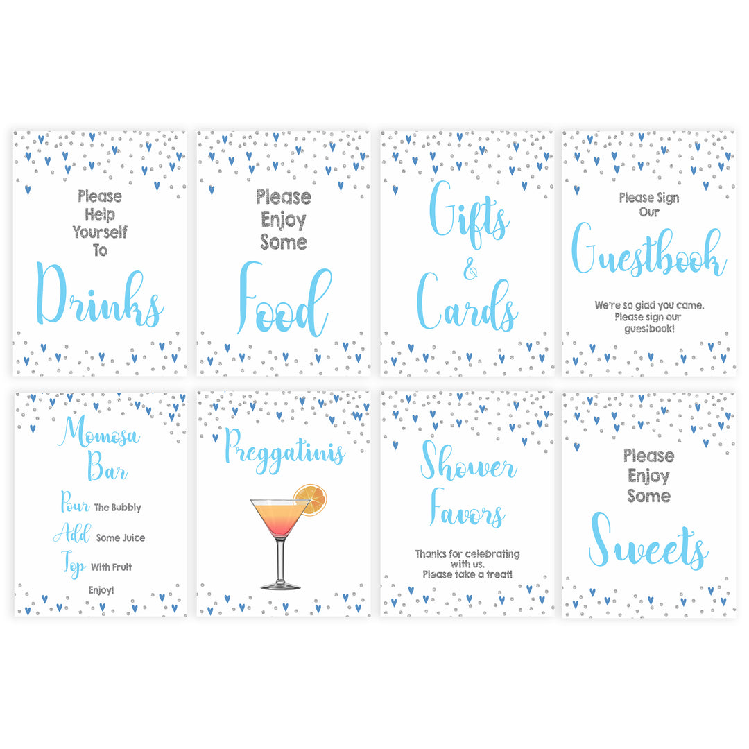 8 baby shower table signs, 8 baby table signs, Blue hearts baby decor, printable baby table signs, printable baby decor, silver glitter table signs, fun baby signs, blue hearts fun baby table signs