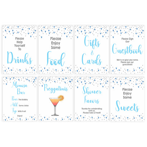 8 baby shower table signs, 8 baby table signs, Blue hearts baby decor, printable baby table signs, printable baby decor, silver glitter table signs, fun baby signs, blue hearts fun baby table signs