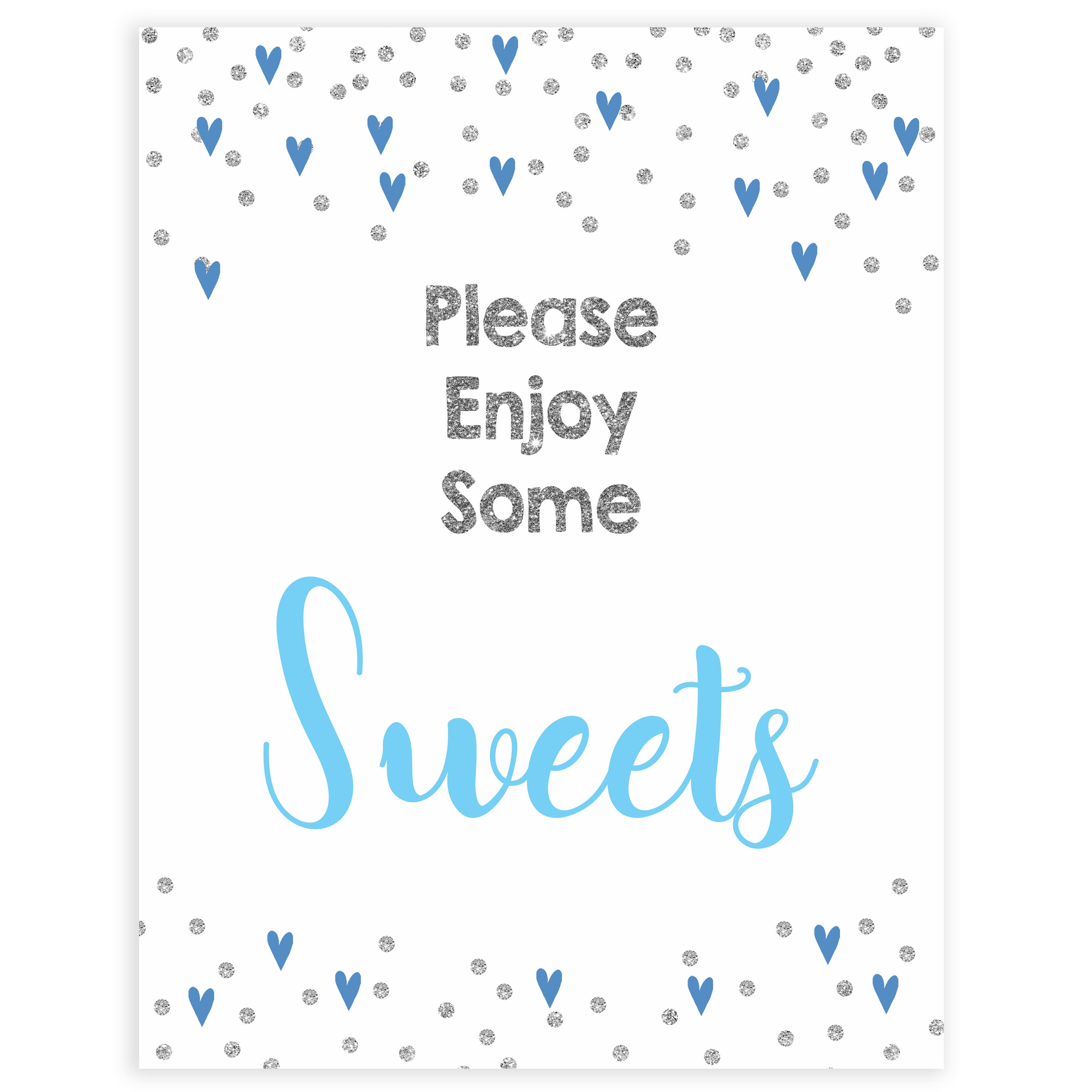 Sweets baby shower table signs, sweets baby signs, Blue hearts baby decor, printable baby table signs, printable baby decor, silver glitter table signs, fun baby signs, blue hearts fun baby table signs