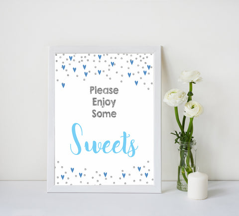 8 baby shower table signs, 8 baby table signs, Blue hearts baby decor, printable baby table signs, printable baby decor, silver glitter table signs, fun baby signs, blue hearts fun baby table signs