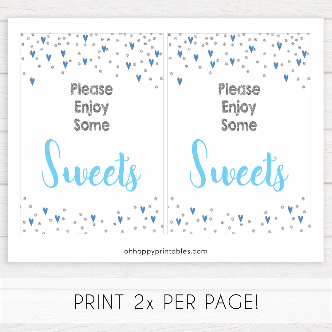 Sweets baby shower table signs, sweets baby signs, Blue hearts baby decor, printable baby table signs, printable baby decor, silver glitter table signs, fun baby signs, blue hearts fun baby table signs