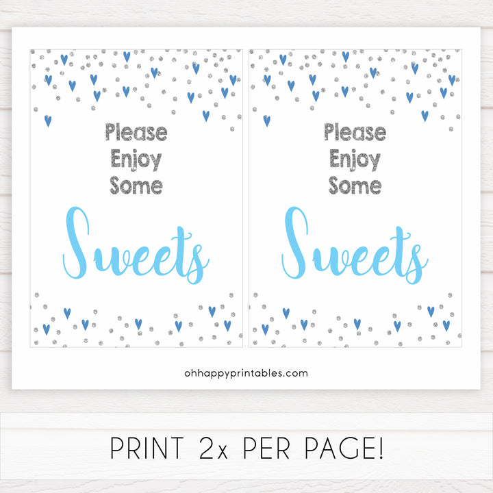 Sweets baby shower table signs, sweets baby signs, Blue hearts baby decor, printable baby table signs, printable baby decor, silver glitter table signs, fun baby signs, blue hearts fun baby table signs