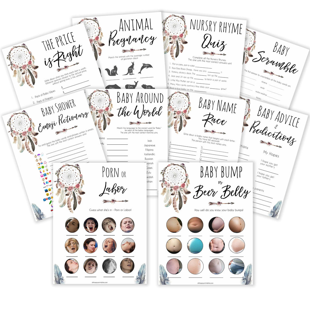 Boho baby games, 10 baby games bundle, fun baby games, printable baby games, top 10 baby games, boho baby shower, baby games, hilarious baby games