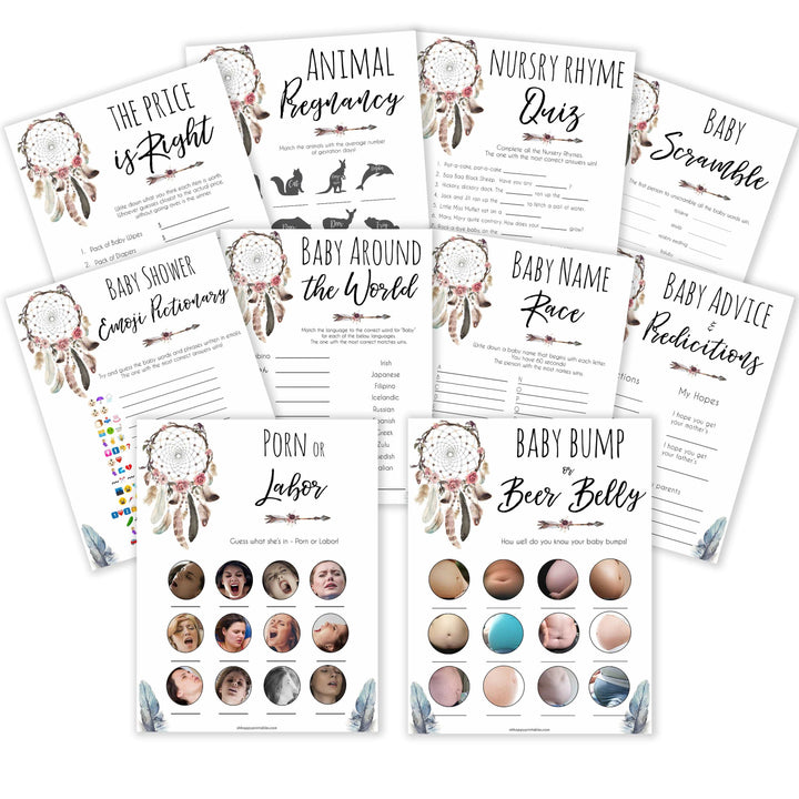 Boho baby games, 10 baby games bundle, fun baby games, printable baby games, top 10 baby games, boho baby shower, baby games, hilarious baby games