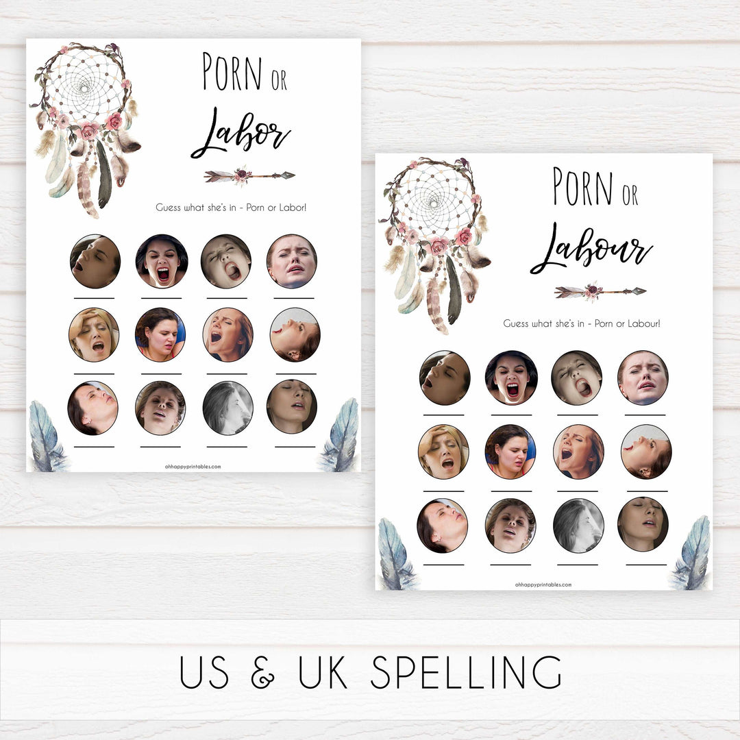 labor or porn, baby bump or beer belly, boobs or butts games, Printable baby shower games, boho baby shower games, dreamcatcher baby games, fun baby shower games, top baby shower ideas