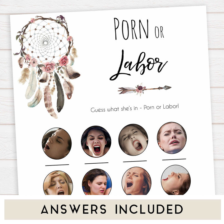 labor or porn, baby bump or beer belly, boobs or butts games, Printable baby shower games, boho baby shower games, dreamcatcher baby games, fun baby shower games, top baby shower ideas