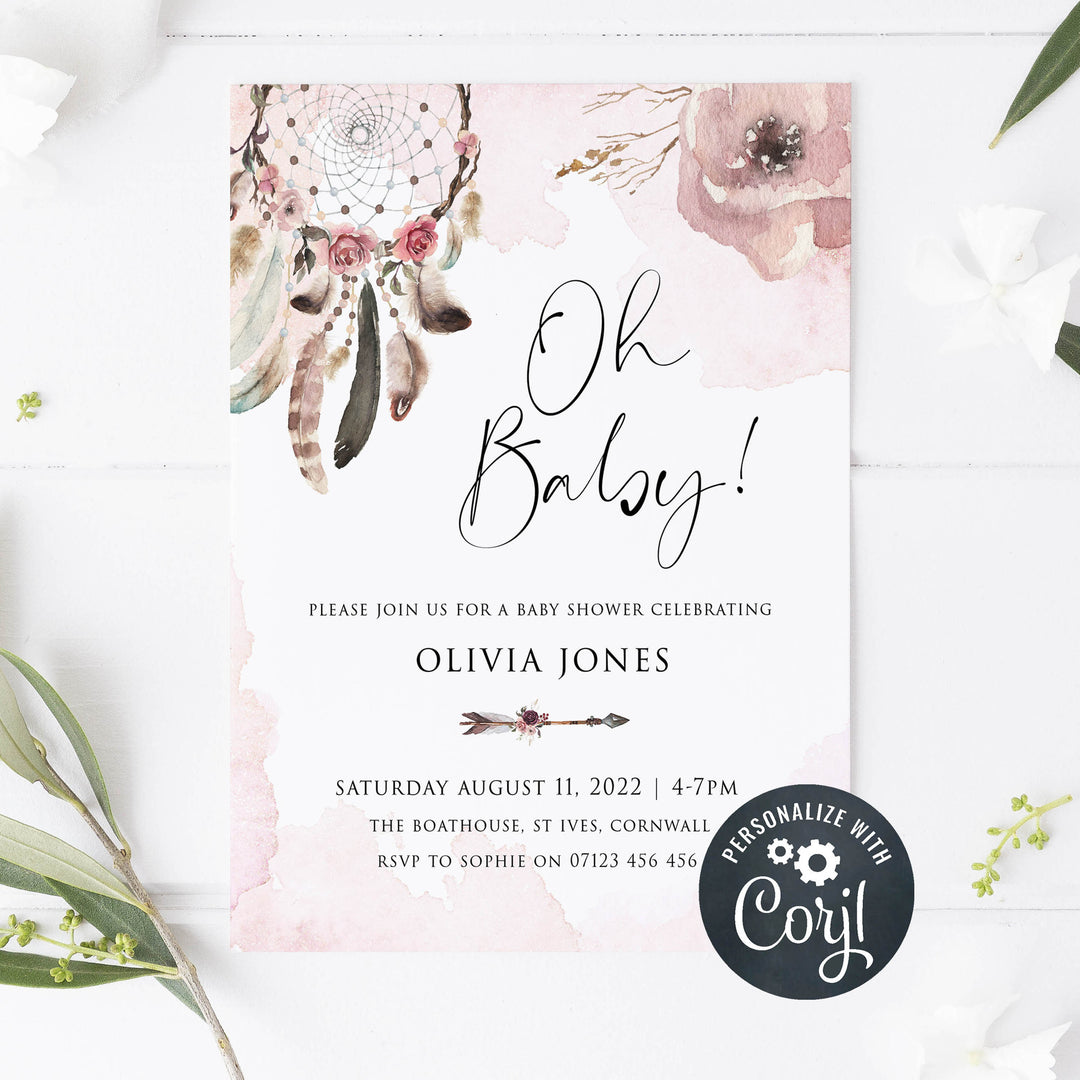 editable boho baby shower invitations, boho baby shower invites, printable baby shower invitations, boho baby shower