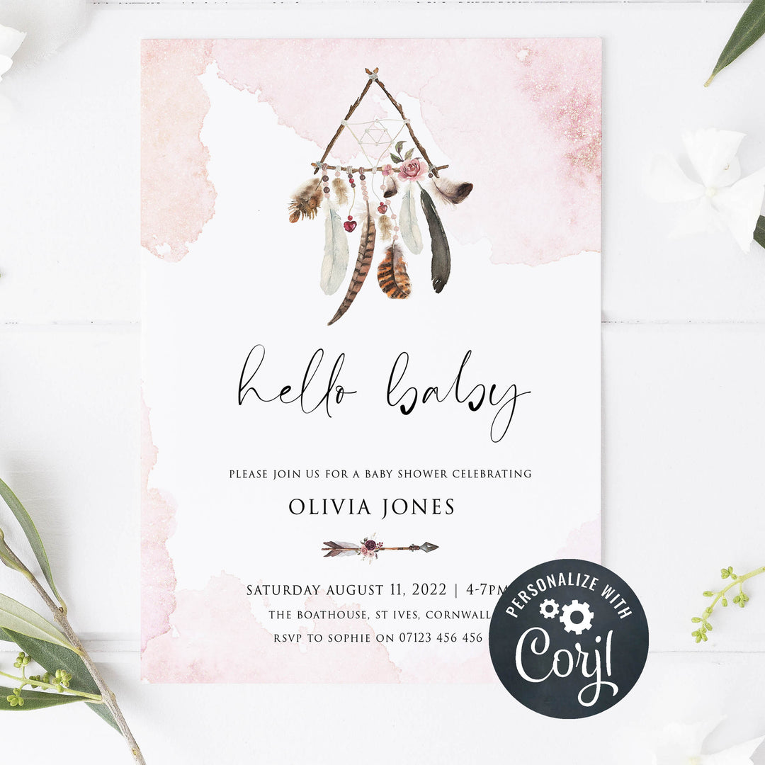 editable boho baby shower invitations, editable baby shower invitations, boho hello baby baby shower invite, printable baby shower invitations