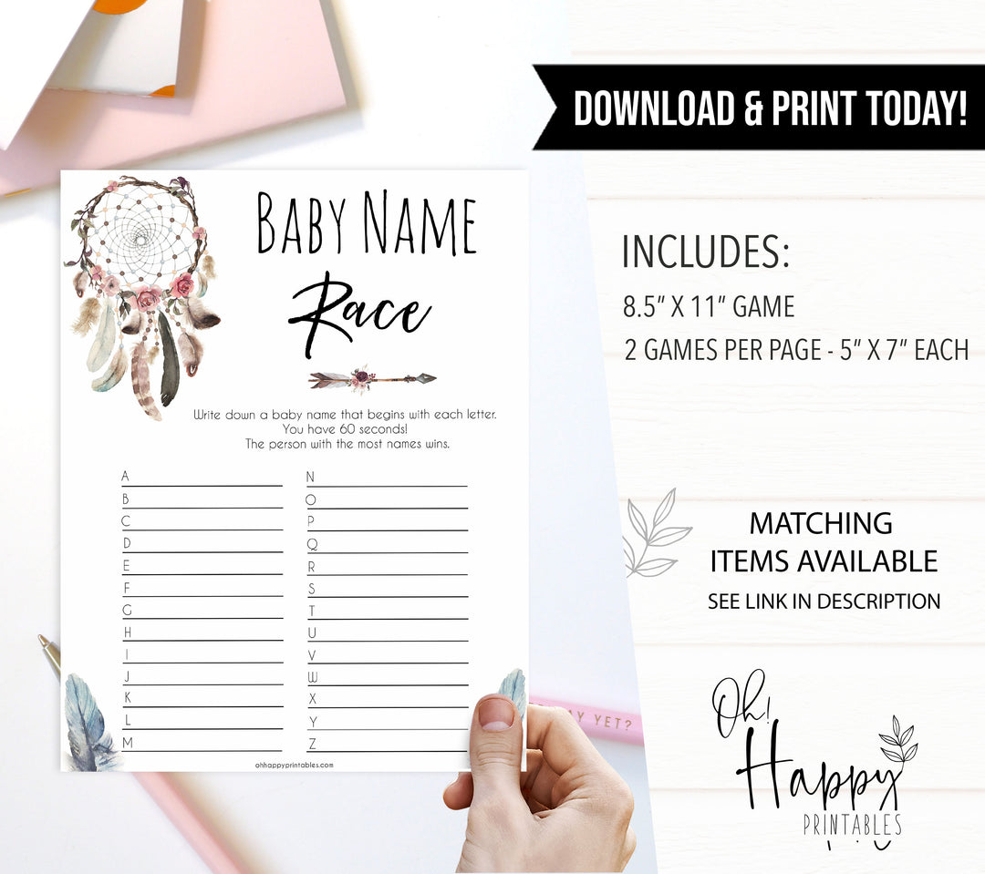 Boho baby games, baby name race baby game, fun baby games, printable baby games, top 10 baby games, boho baby shower, baby games, hilarious baby games