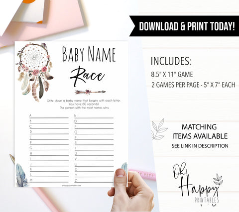 Boho baby games, baby name race baby game, fun baby games, printable baby games, top 10 baby games, boho baby shower, baby games, hilarious baby games