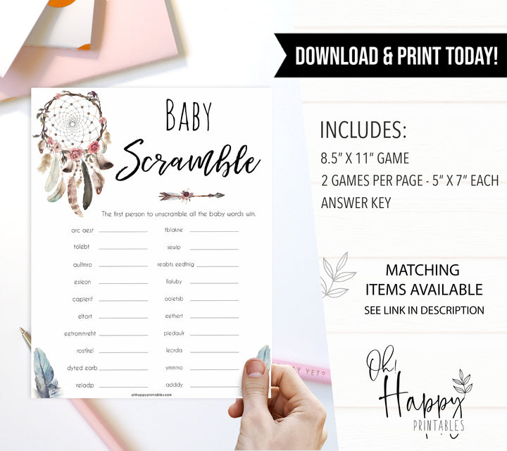 Boho baby games, baby scramble baby game, fun baby games, printable baby games, top 10 baby games, boho baby shower, baby games, hilarious baby games