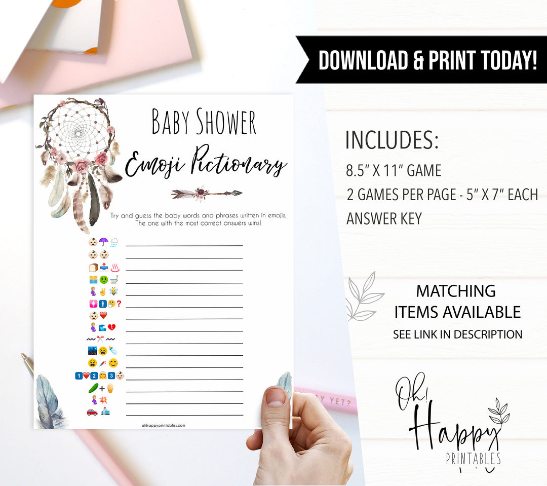 Boho baby games, emoji pictionary baby game, fun baby games, printable baby games, top 10 baby games, boho baby shower, baby games, hilarious baby games