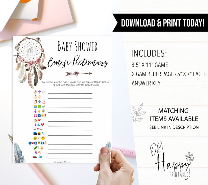 Boho baby games, emoji pictionary baby game, fun baby games, printable baby games, top 10 baby games, boho baby shower, baby games, hilarious baby games
